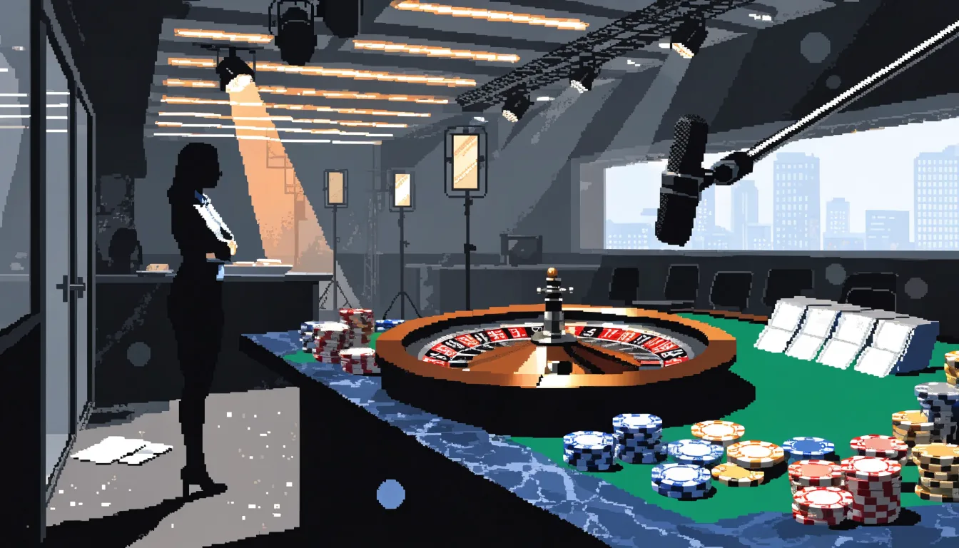 Roulette wheel on a casino table inside a brightly lit broadcast studio