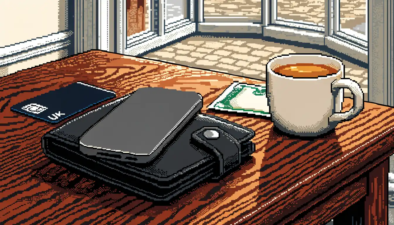 Contactless bank card, wallet, smartphone and tea on a wooden table by a British window