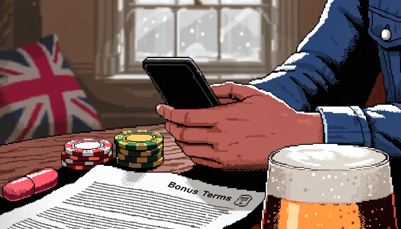 UK player reviewing a casino welcome bonus on a smartphone with chips and terms sheet.