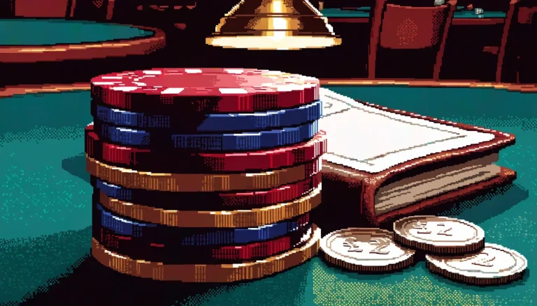 Stacked casino chips and pound coins on green felt under warm lighting