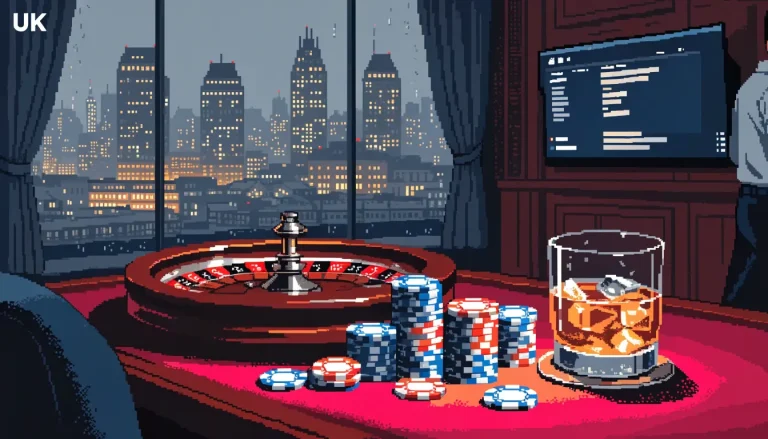 Modern UK online casino lounge with roulette wheel, chips, and evening city view