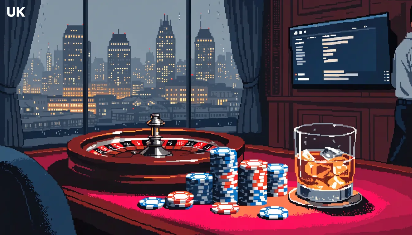 Modern UK online casino lounge with roulette wheel, chips, and evening city view