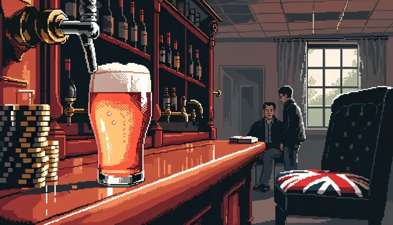 British pub interior with stacked casino chips and a pint of ale