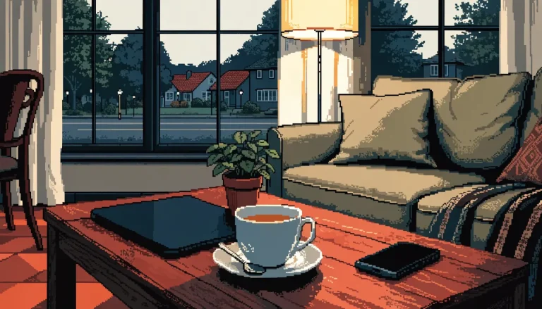 Cozy British home interior at night with a closed laptop on the coffee table.