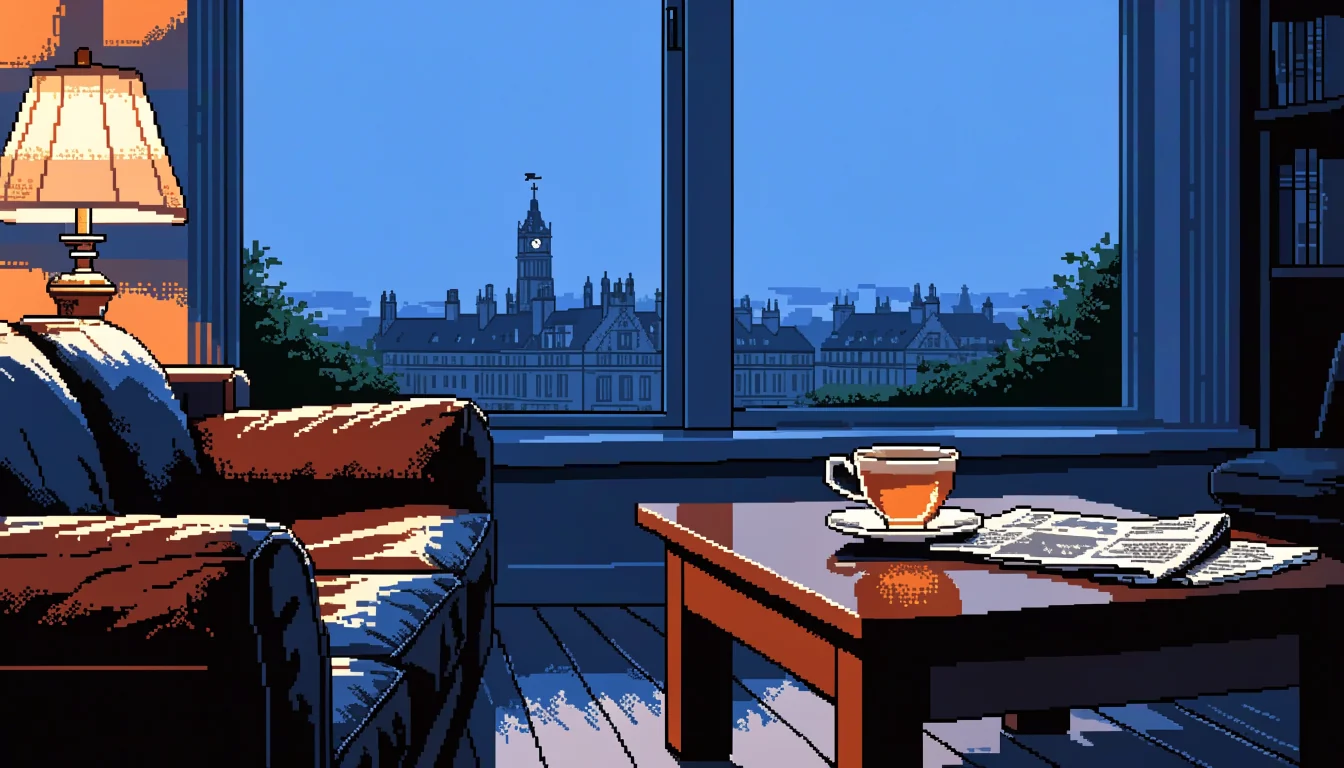 British living room at dusk with teacup, newspaper and London rooftops through the window.