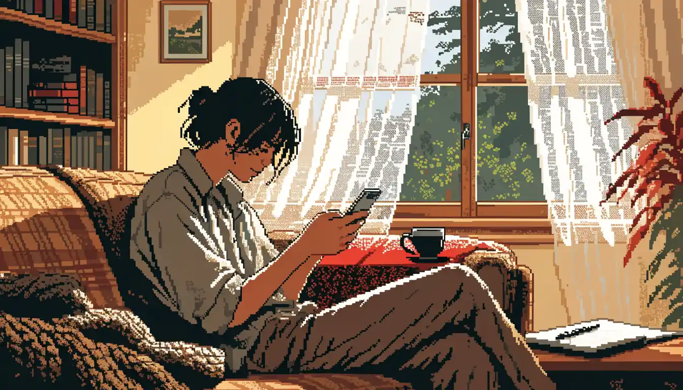 Young adult player in British living room with smartphone screen turned away, teacup and notepad nearby.