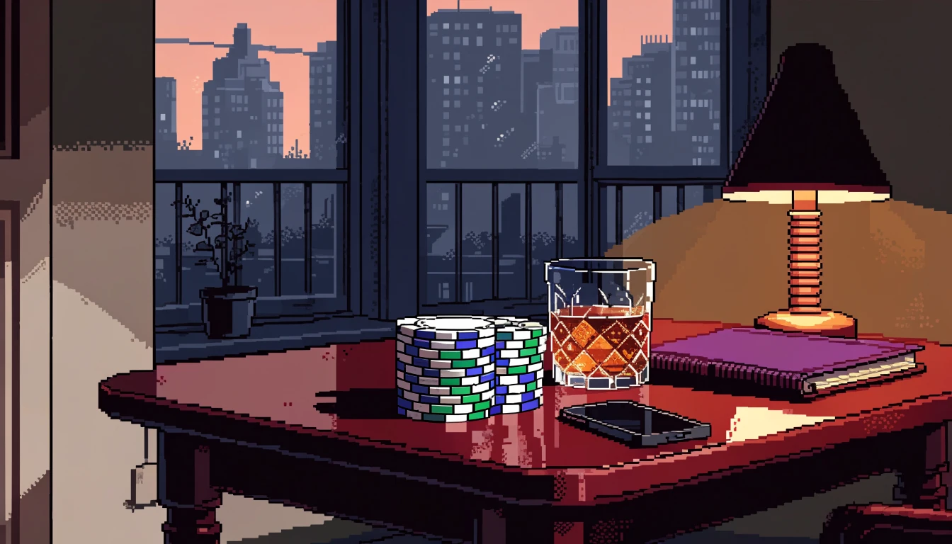Casino chips and whisky on a wooden table in a London flat at dusk.