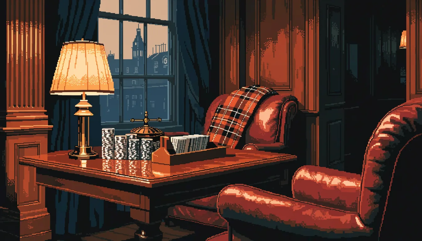 British club lounge with poker chips, cards, and brass roulette on a mahogany table, warm evening light.