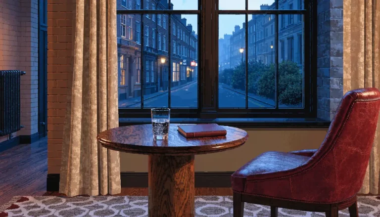 British lounge interior at dusk with leather armchair and city lights through window