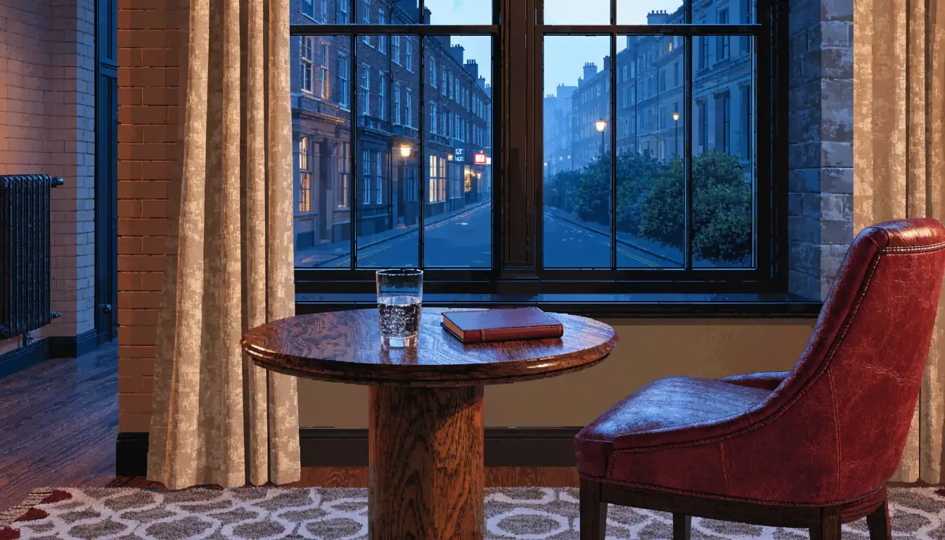 British lounge interior at dusk with leather armchair and city lights through window