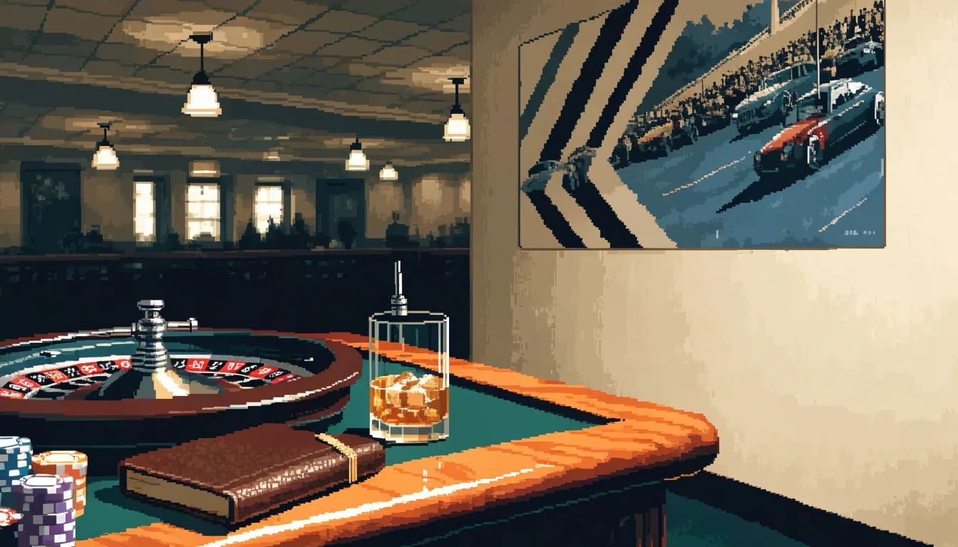 British casino corner with roulette wheel, chips and whisky under warm light.