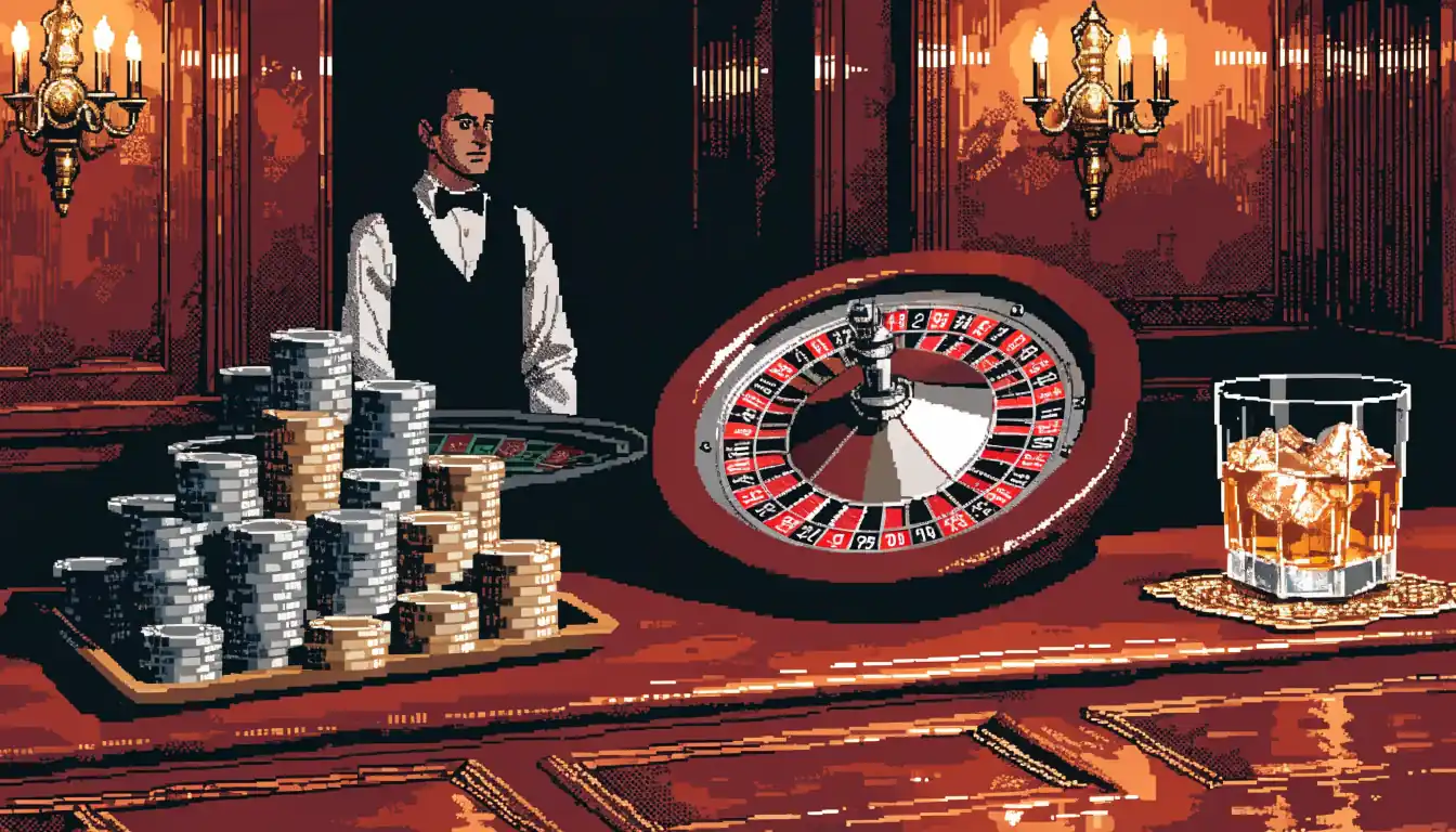 British private club interior with roulette wheel and chips on mahogany bar.