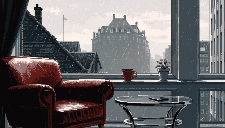 British living room scene with armchair, smartphone, and tea by a window overlooking London rooftops.