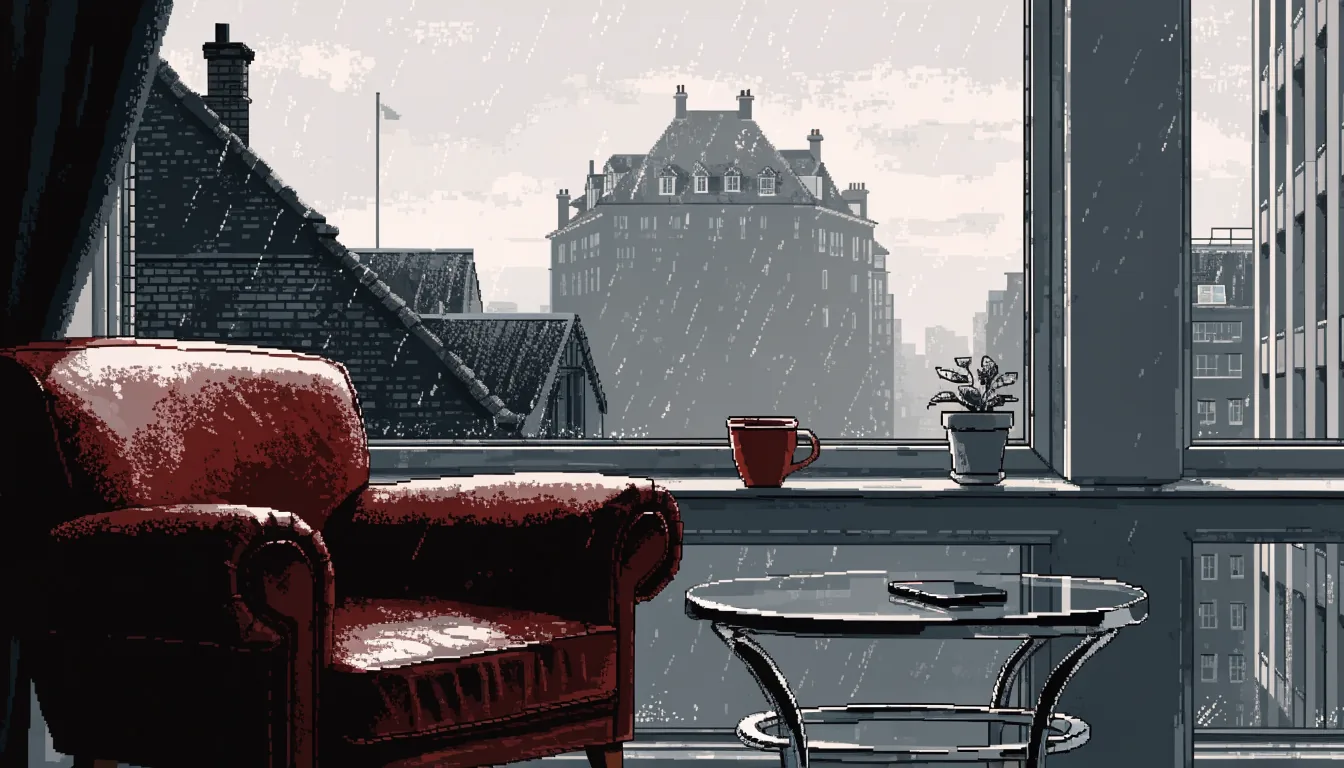 British living room scene with armchair, smartphone, and tea by a window overlooking London rooftops.