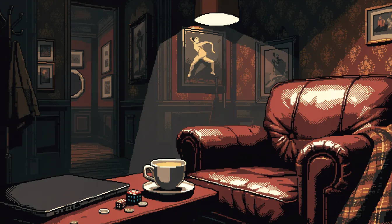 Cozy British gaming lounge interior with leather chair, tea cup, and decorative dice