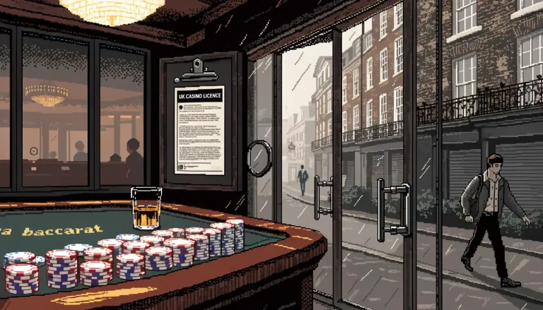 London casino lounge interior with gaming table, chips, and UK gambling licence notice