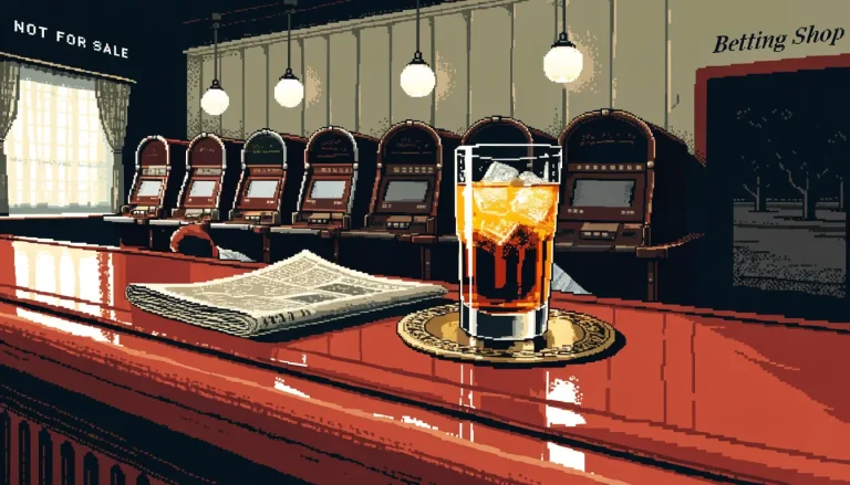 Interior of a traditional British bookmaker's shop with a wooden bar and slot cabinets along the wall