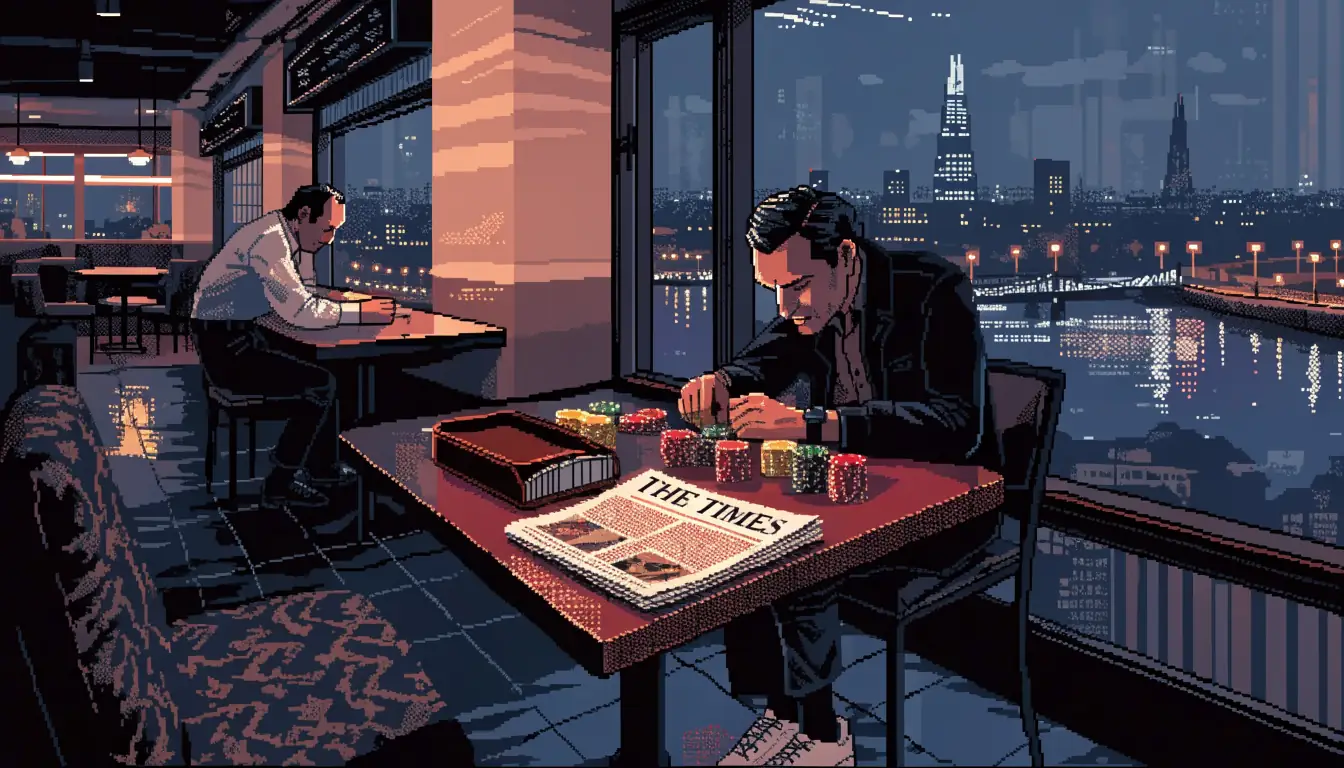 Casino chips on a wooden table beside a London skyline at night