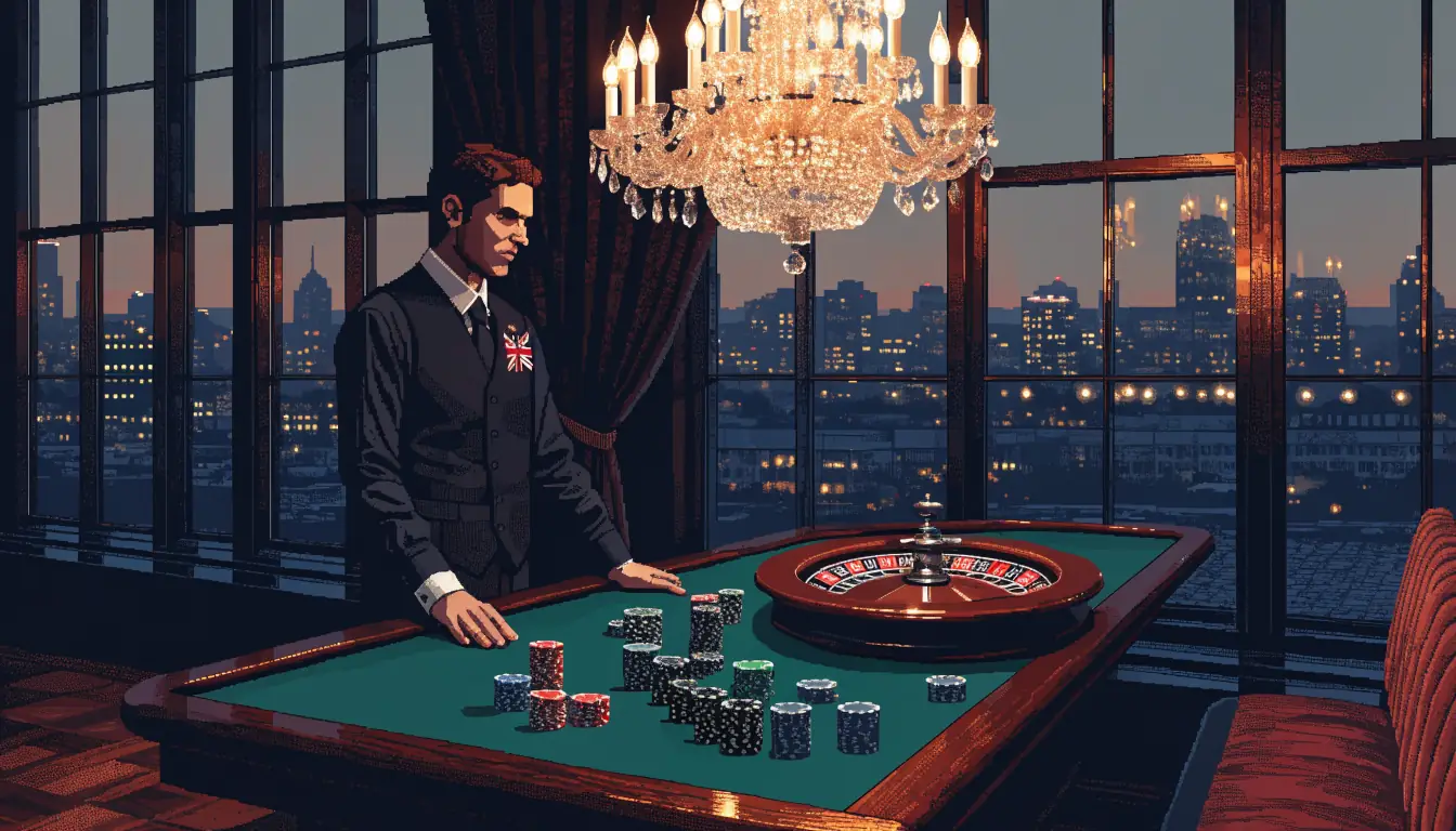 Elegant London casino interior with roulette table and chips at dusk