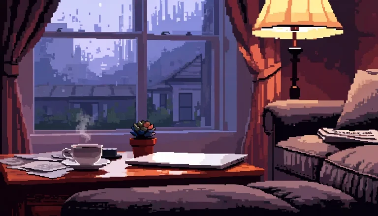 British living room with closed laptop, teacup and newspaper at dusk.