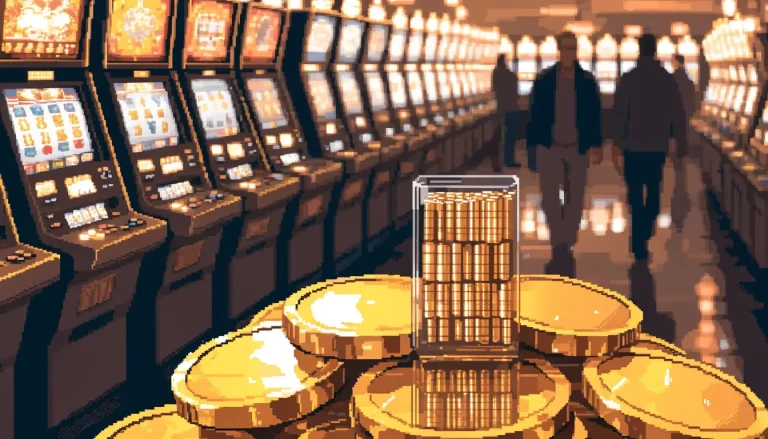 Glowing slot machines on a casino floor with stacked golden coins