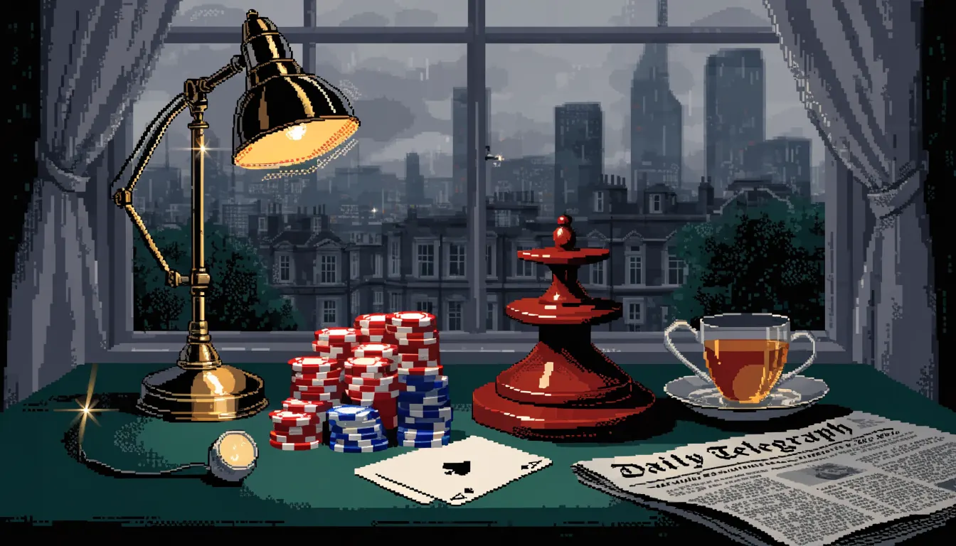 Casino chips, playing card, roulette ball, and tea on a green felt table by a rain-streaked London window.