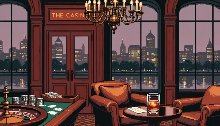 Elegant London casino lounge at dusk with roulette table, chips, cards and skyline through tall windows