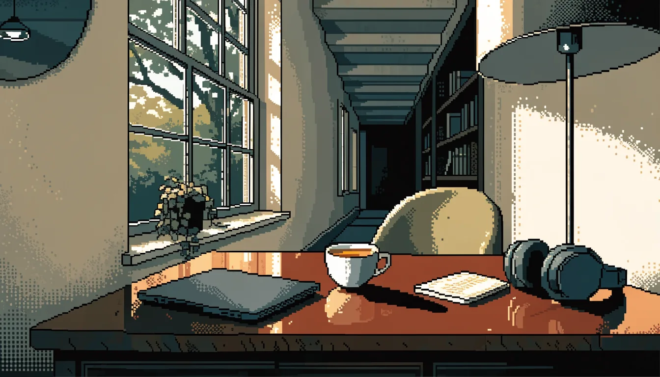 Calm home desk setup by a window in a UK flat, closed laptop and tea.