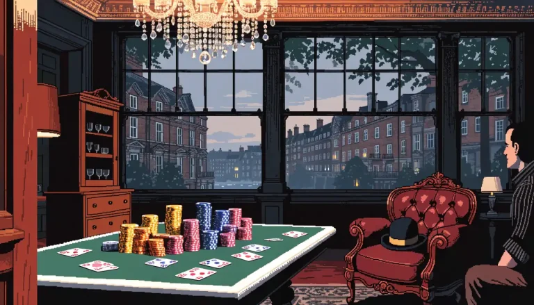 Elegant London casino room with green baize table, chips, cards, chandelier, and skyline view