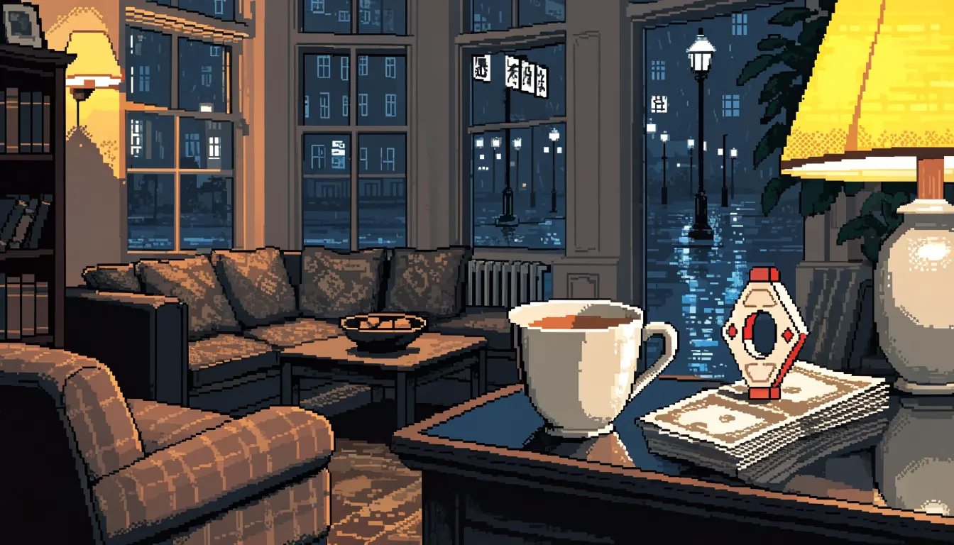 London apartment scene with teacup and pound notes at dusk