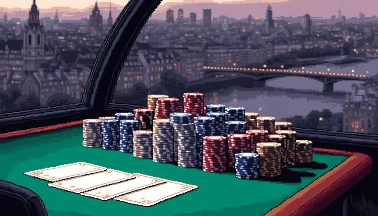 Casino chips and face-down cards on a green felt table with a London skyline at dusk through an arched window.