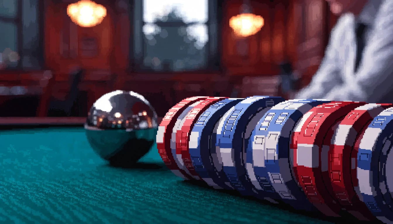 Stacked casino chips and a silver ball on a green table in a softly lit lounge.