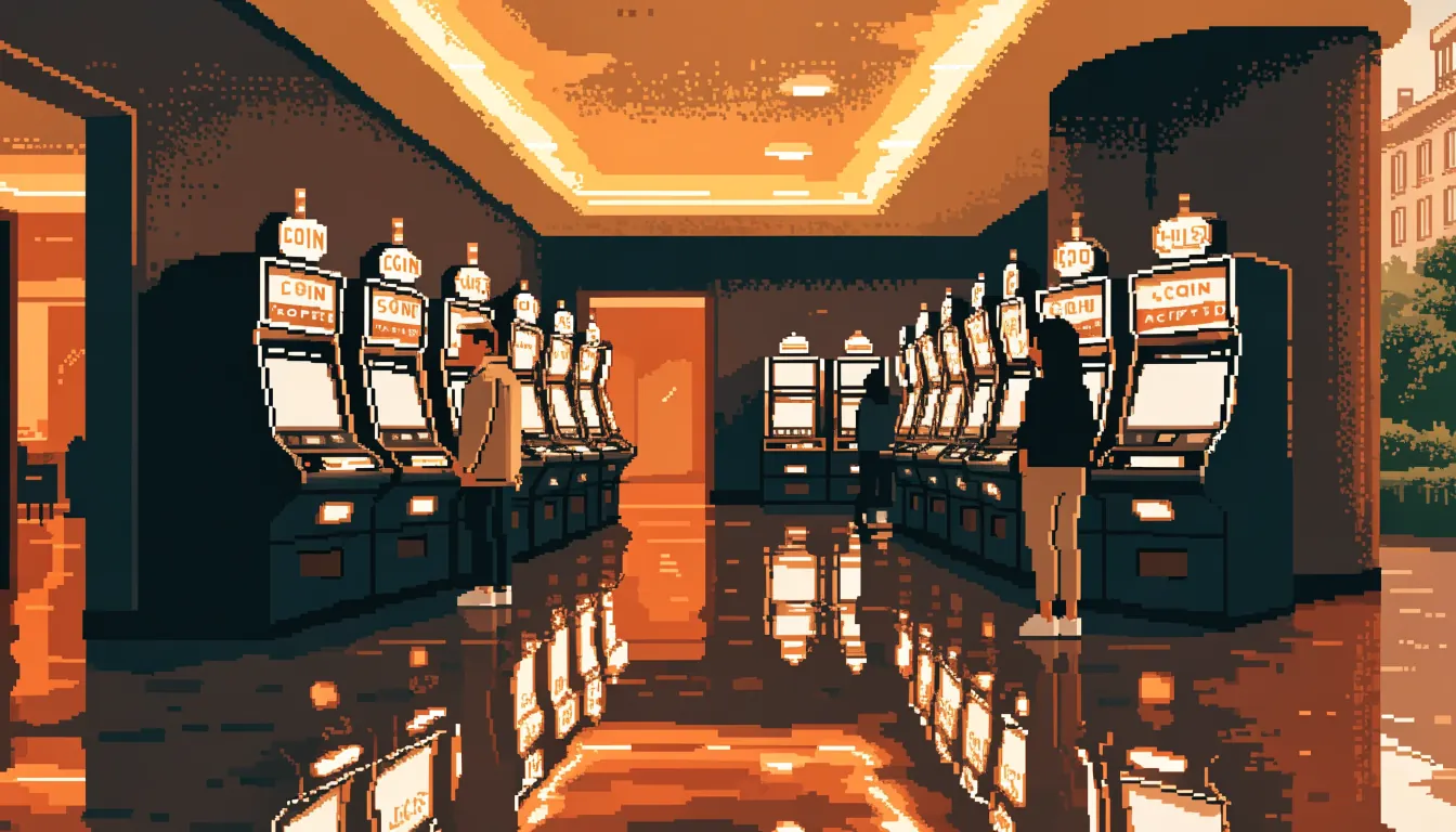 Modern UK casino interior with rows of slot machines and warm ambient lighting.