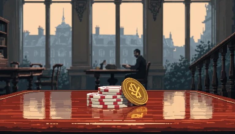 Golden crypto-style coin beside a stack of casino chips on a polished table in an upscale London lounge at dusk