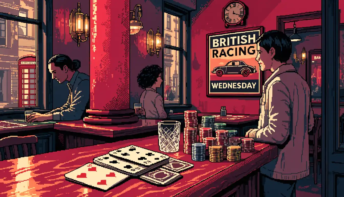 Stylish UK gaming lounge with cards, chips, and a red telephone box silhouette