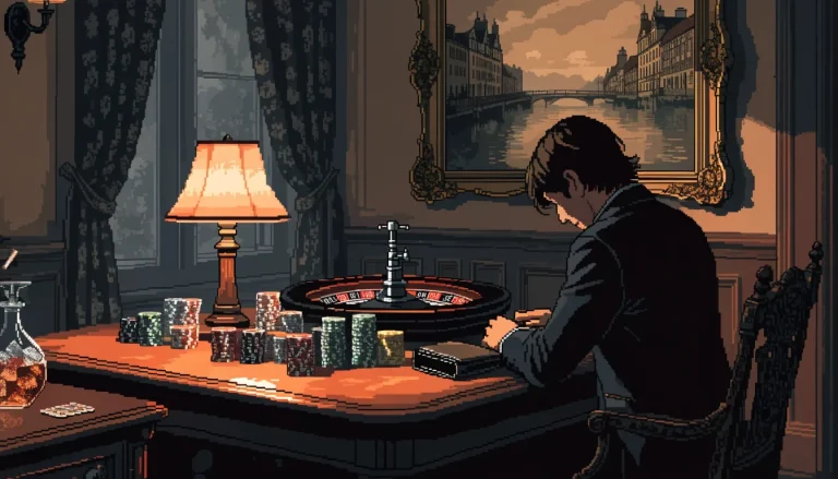 Private London gambling room with roulette, chips, and a man whose face is hidden.