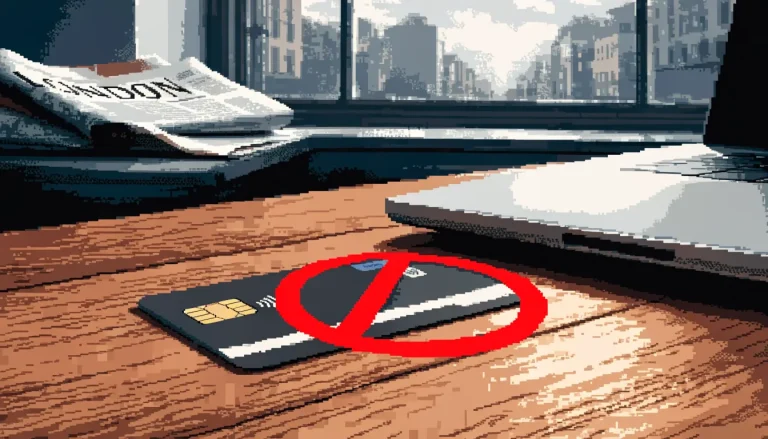 Credit card with prohibition symbol next to laptop, British newspaper in background.