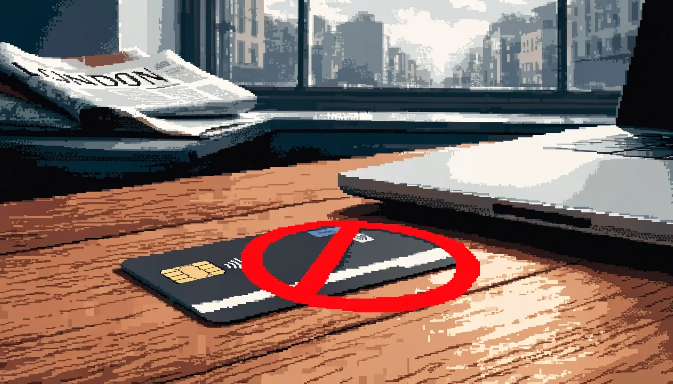 Credit card with prohibition symbol next to laptop, British newspaper in background.