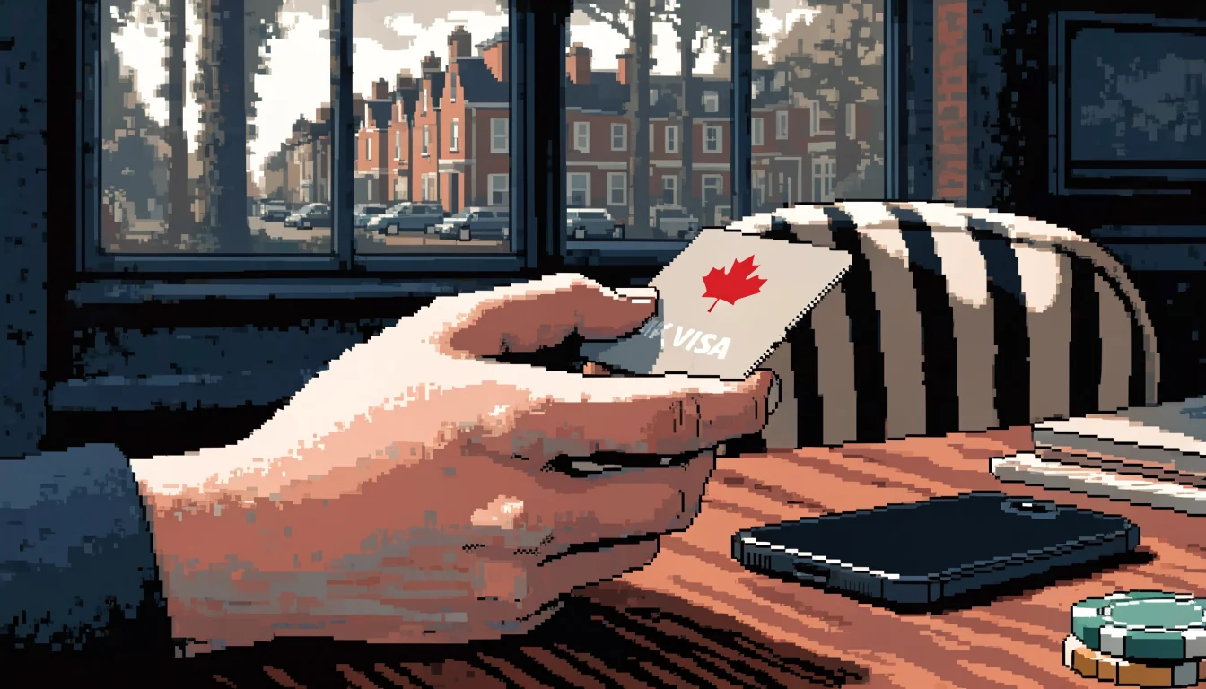Hand holding a UK debit card on a table with smartphone and casino chips