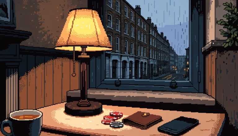 UK home office at dusk with casino chips, closed card holder, and face-down smartphone on a wooden desk.