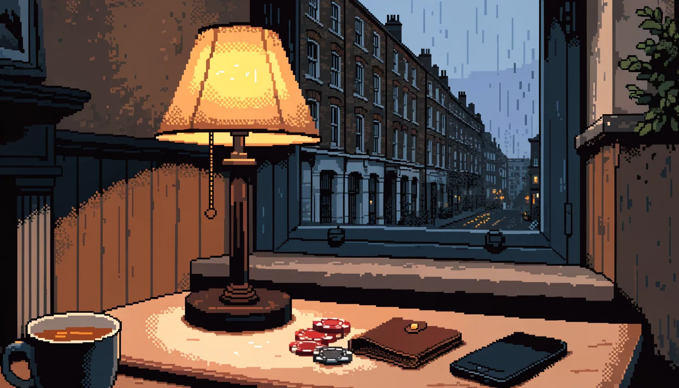 UK home office at dusk with casino chips, closed card holder, and face-down smartphone on a wooden desk.