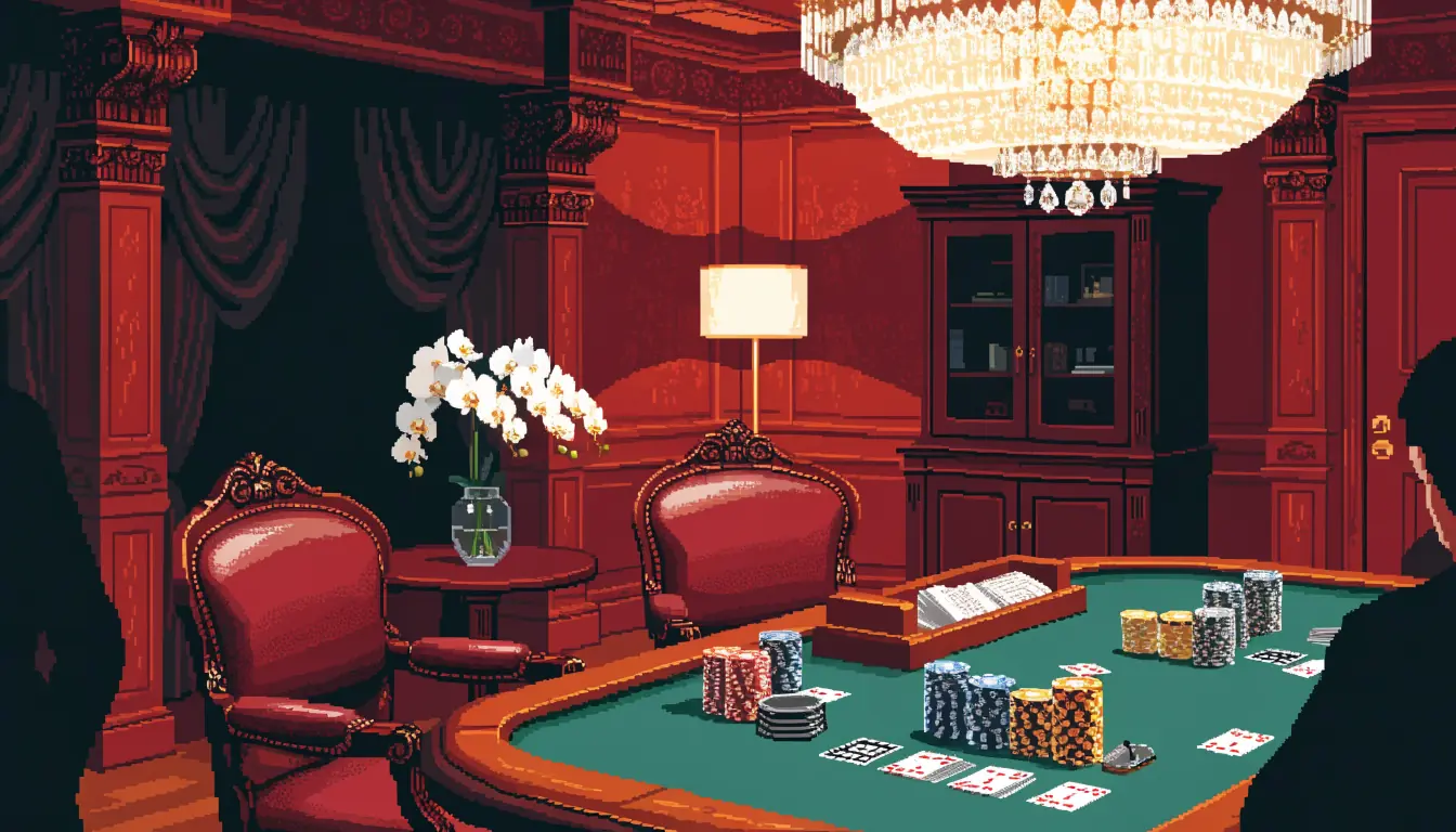 Private VIP gaming room in an upscale London casino with chips, leather chairs and chandelier