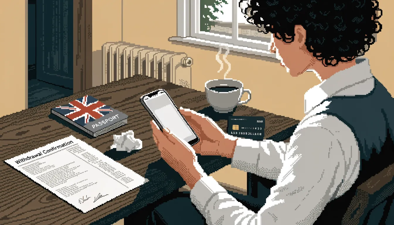 Person at a desk in a UK flat waiting for a casino withdrawal verification, passport and tea nearby.