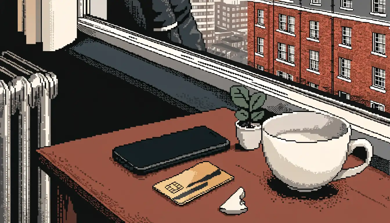 Bank card and smartphone on a wooden desk in a London apartment