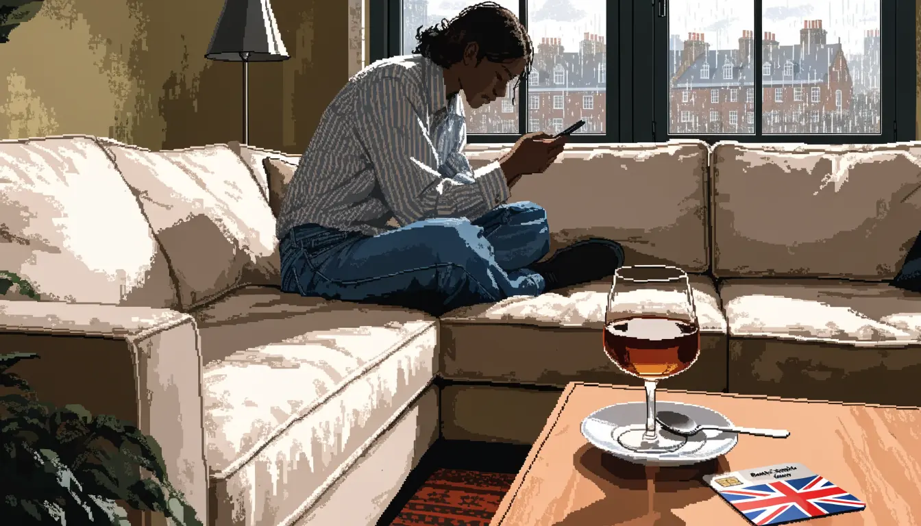 Person in UK home using phone near a British bank card on a table