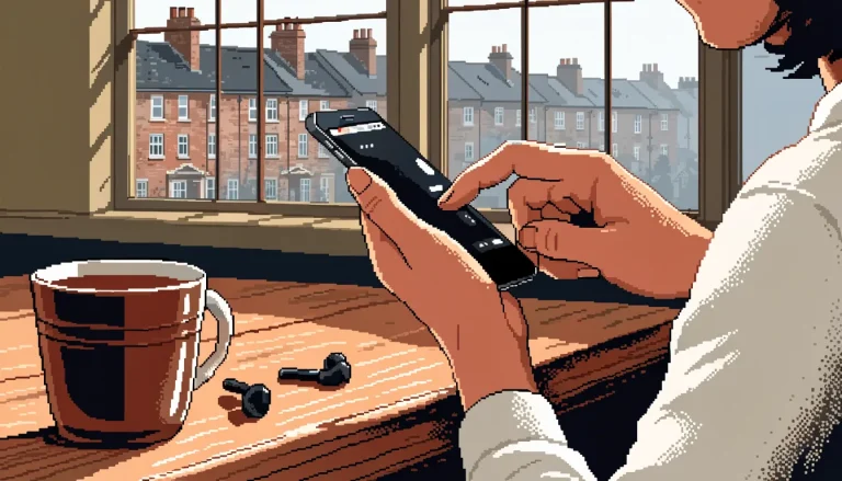 Hands using a smartphone for a mobile payment on a kitchen table in a British home.