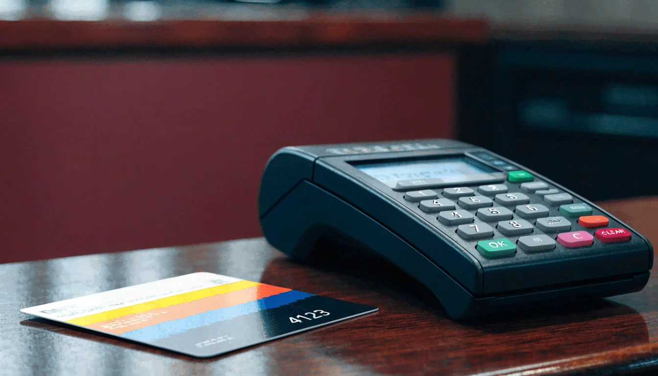 Payment card on a casino cashier counter beside a terminal, soft warm lighting.