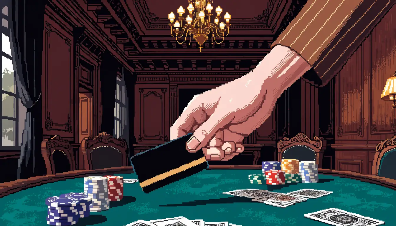 Hand holding a payment card over a casino card table with chips in a classic British interior.