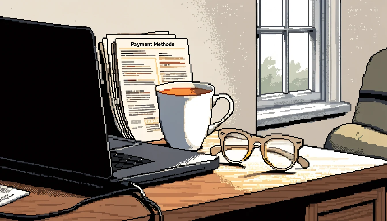 Closed laptop on a wooden desk in a British home office with tea and payment leaflets