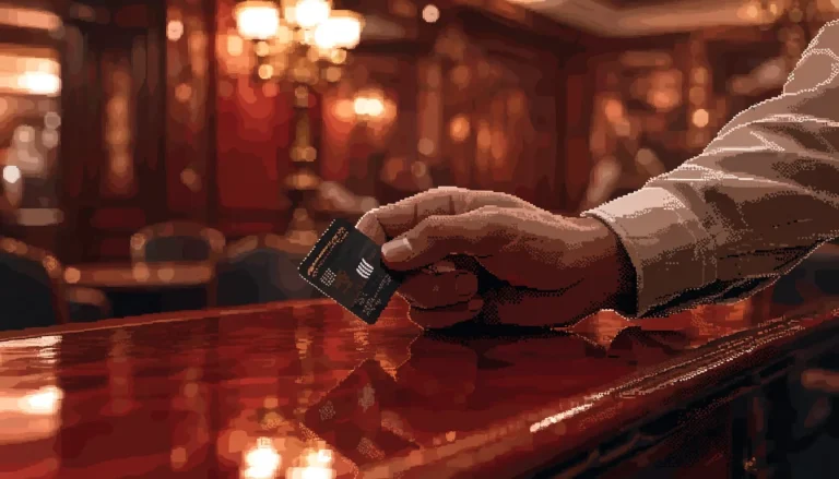 Debit card held over a cashier counter in a traditional British casino club interior.